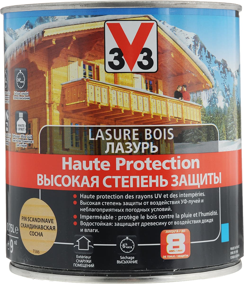 Лазурь для защиты древесины V33 "Высокая степень защиты", декоративная, цвет: сосна скандинавская, 0,75 л 1