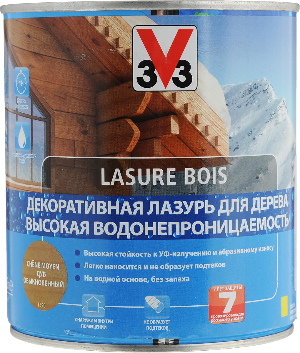 Лазурь для дерева V33 "Высокая водонепроницаемость", декоративная, на водной основе, цвет: дуб обыкновенный, 0,75 л 1