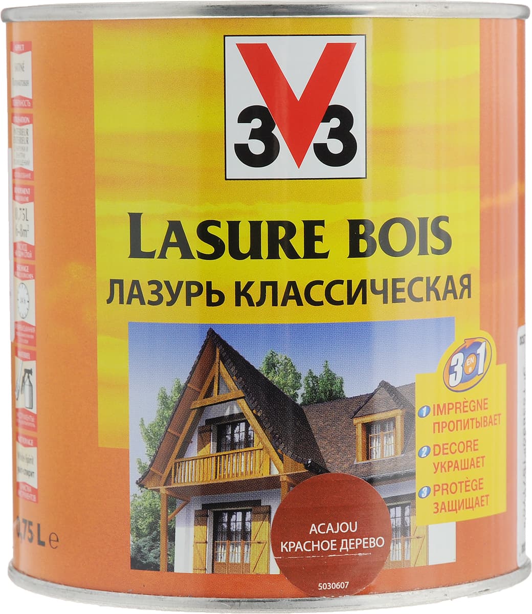 Лазурь для защиты древесины V33 "Классическая", декоративная, цвет: красное дерево, 0,75 л 1
