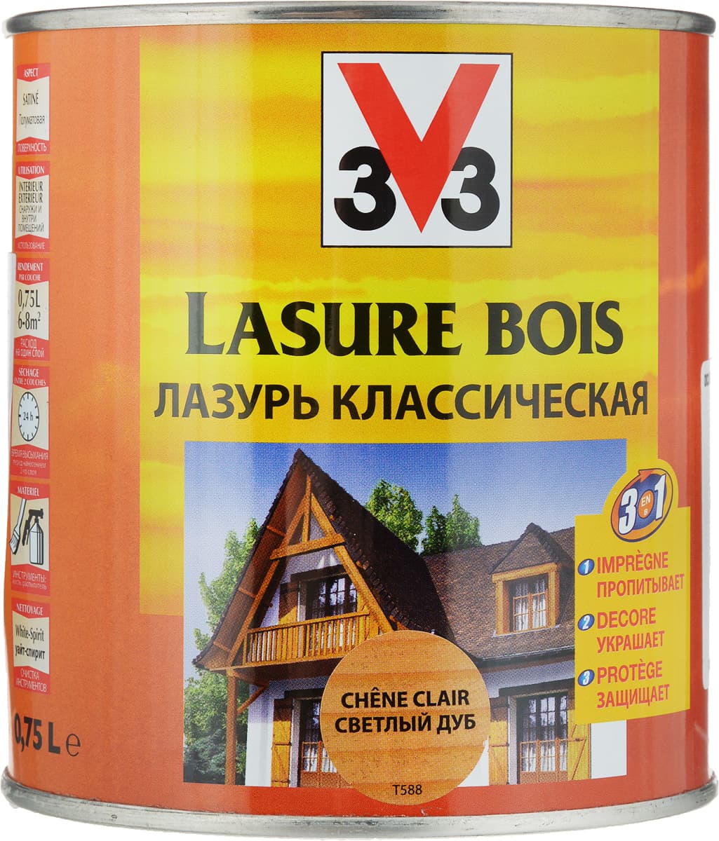 Лазурь для защиты древесины V33 "Классическая", декоративная, цвет: дуб светлый, 0,75 л 1