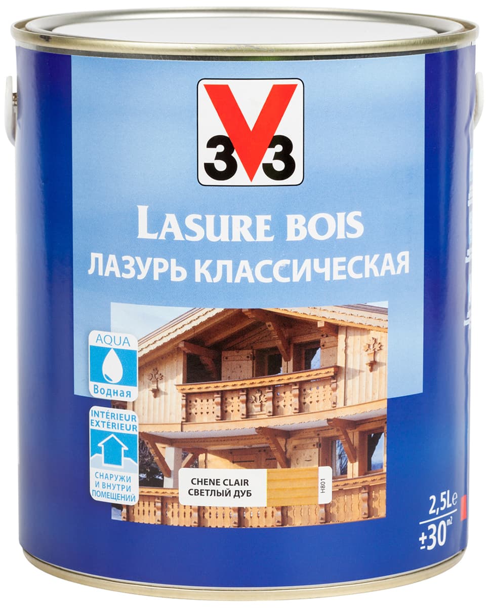 Лазурь для защиты древесины V33 "Классическая", цвет: дуб светлый, на водной основе, 2,5 л 1
