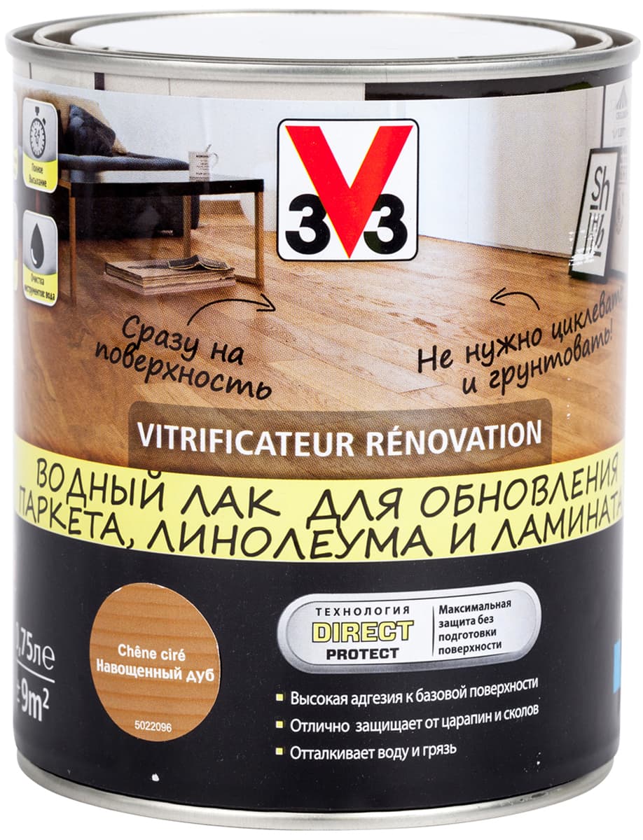 Лак для пола V33 "Renovation", полуглянцевый, на водной основе, цвет: дуб, 750 мл 1