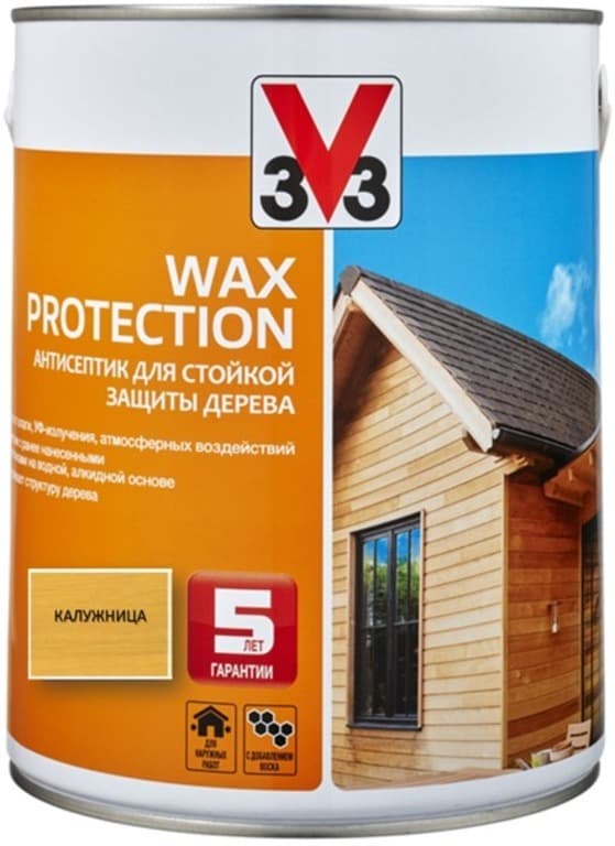 Антисептик для дерева V33 с добавлением воска WAX PROTECTION полуглянец Калужница 2,5л 1