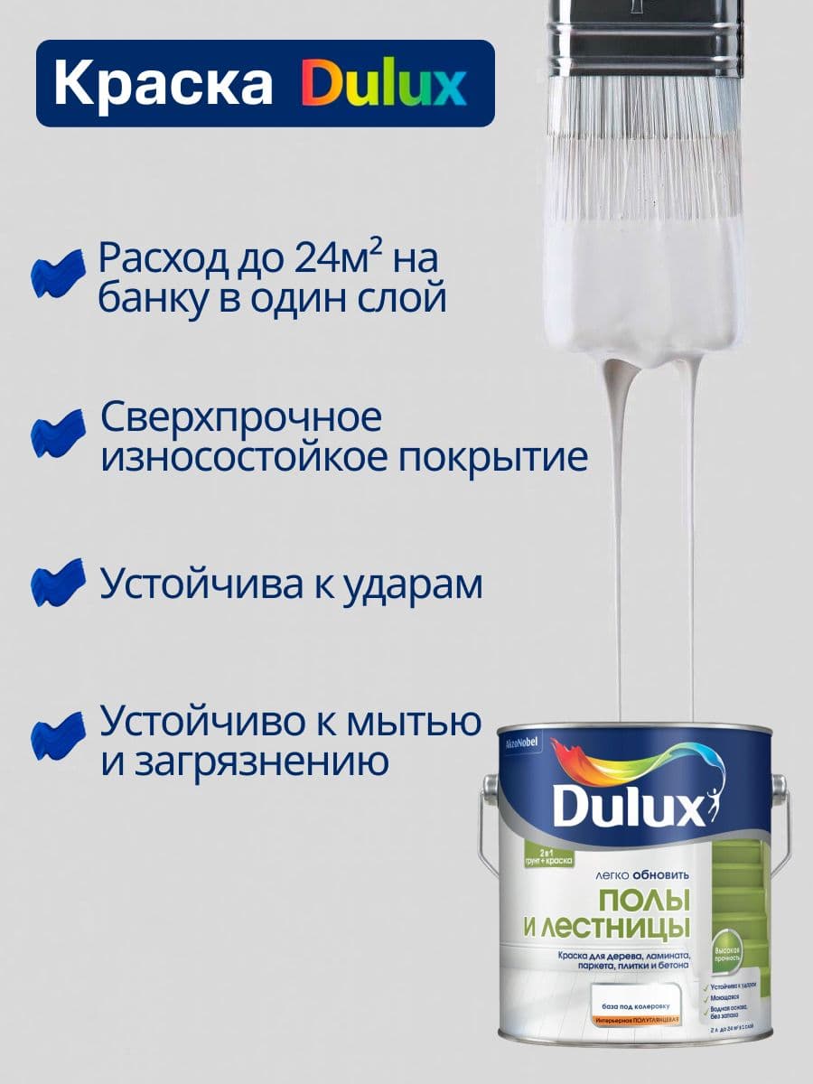 Краска для напольных покрытий водно-дисперсионная Dulux Полы и лестницы полуглянцевая база BC 2 л. 3