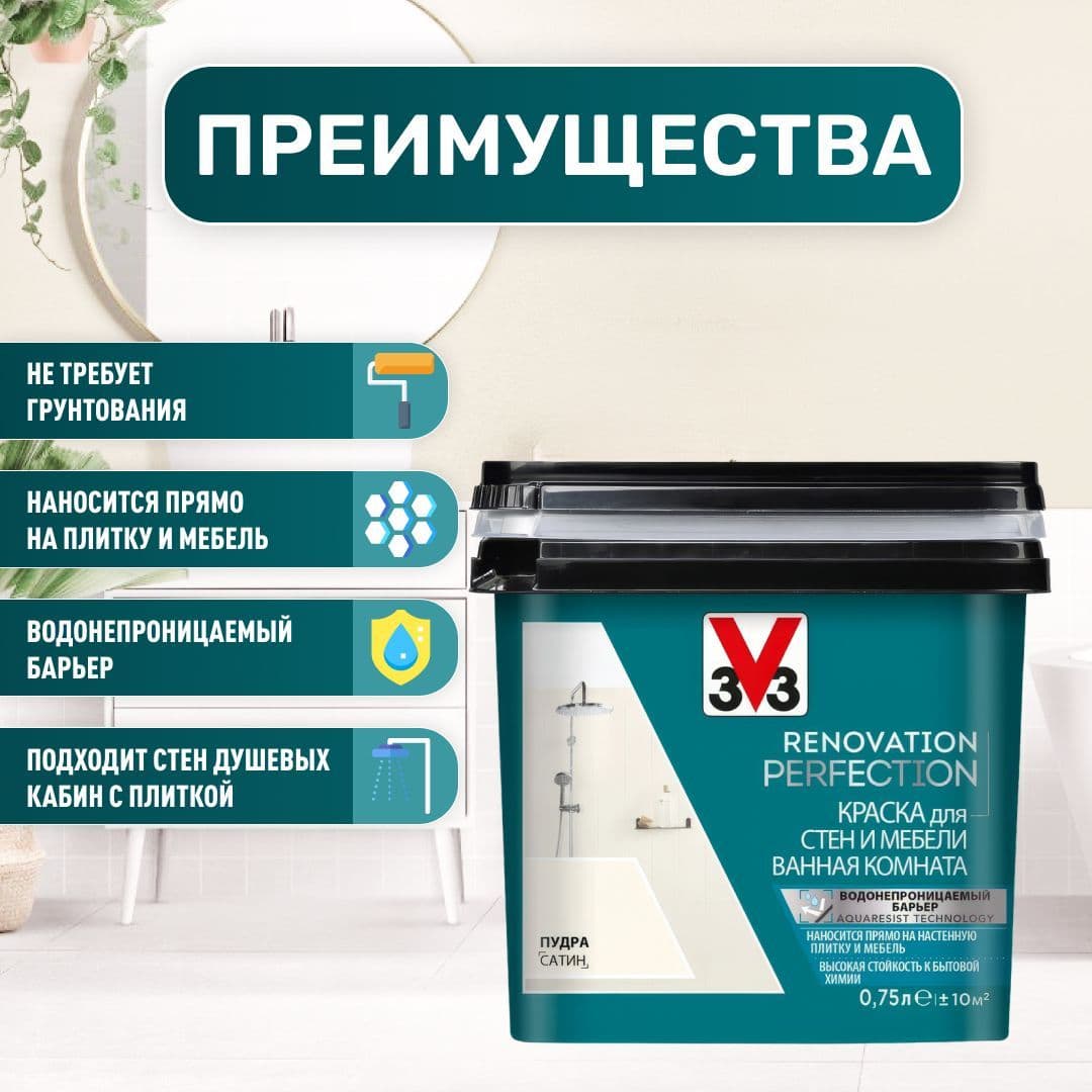 Краска для стен и мебели ванная комната RENOVATION PERFECTION ПУДРА 750 мл. 2