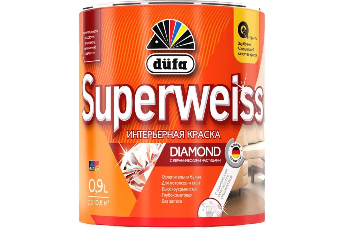 Краска для стен и потолков водно-дисперсионная Dufa Superweiss RD4 глубокоматовая белая 0,9 л 1