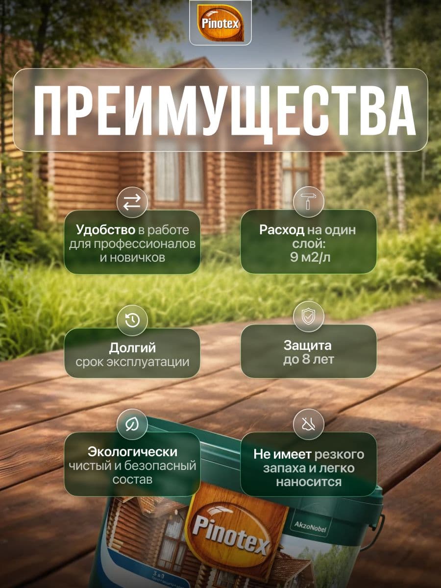 Пинотекс / Пропитка декоративная для защиты древесины, антисептик для дерева Pinotex Classic Plus 3 в 1 база CLR 9 л. 2
