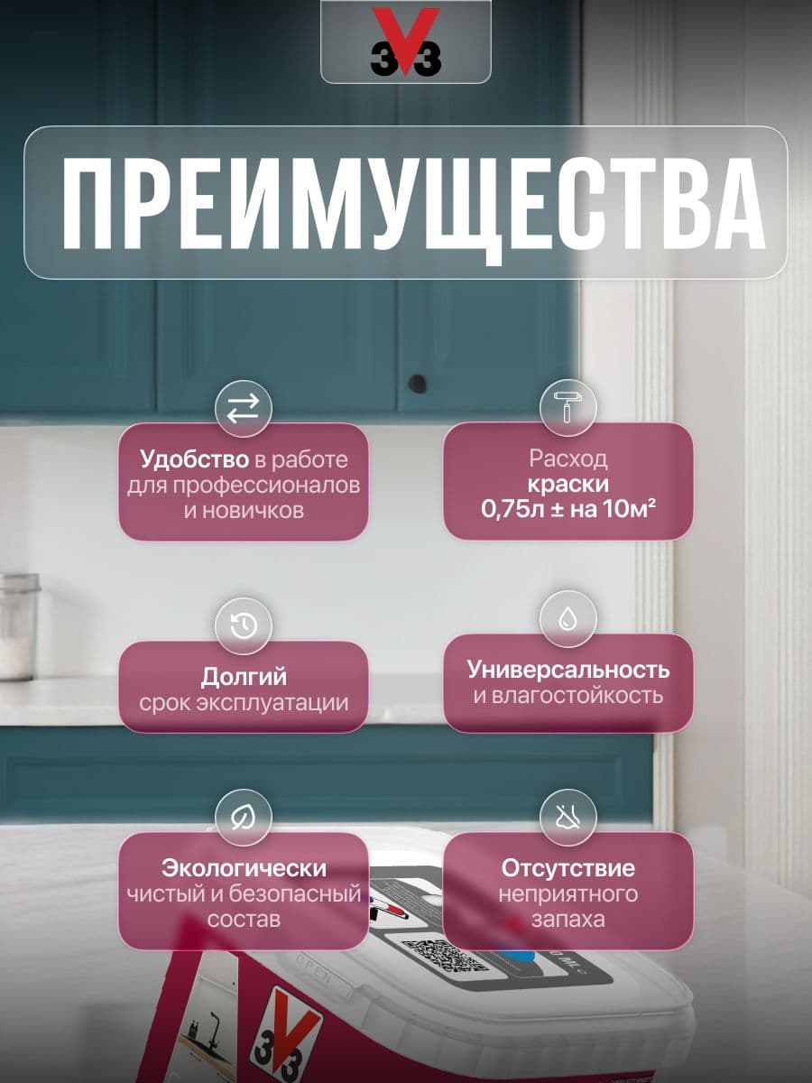 Краска для стен и мебели на кухне V33 RENOVATION PERFECTION МАРЕНГО 750 мл. 2