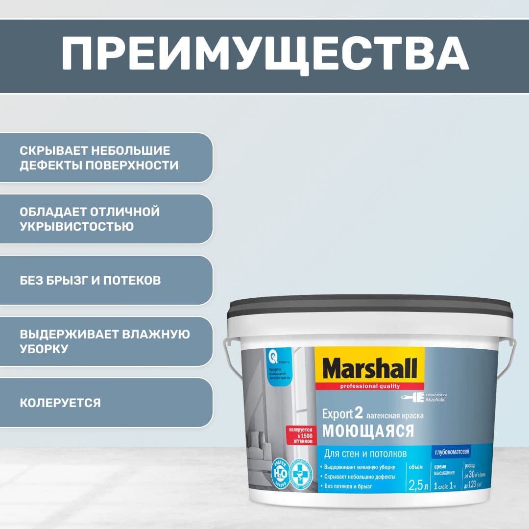 Краска для стен и потолков латексная Masterline Export-2 глубокоматовая база BW 2,5 л. 2