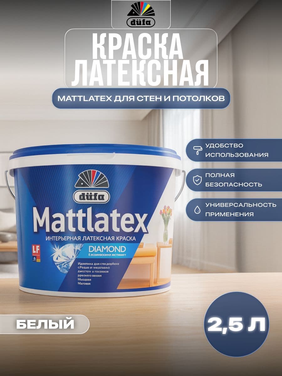 Краска для стен и потолков для влажных помещений латексная Dufa Mattlatex D100 матовая база 3 2,5 л 1