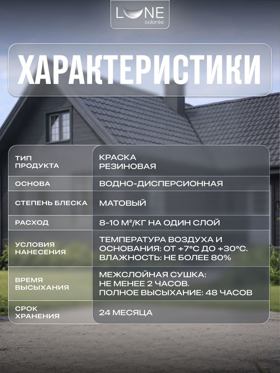 Резиновая краска для дерева бетона кирпича по металлу матовая акриловая быстросохнущая без запаха LUNE COLOREE, цвет Графит (черно-серая), 3 кг 4