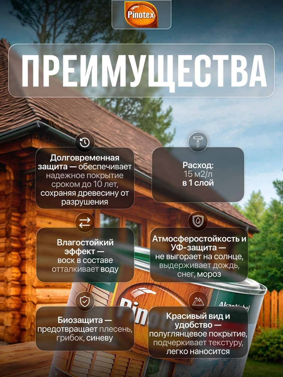 ПИНОТЕКС / Пропитка декоративная для защиты древесины, антисептик для дерева, защитная лазурь Pinotex Ultra орех 0,9 л 2