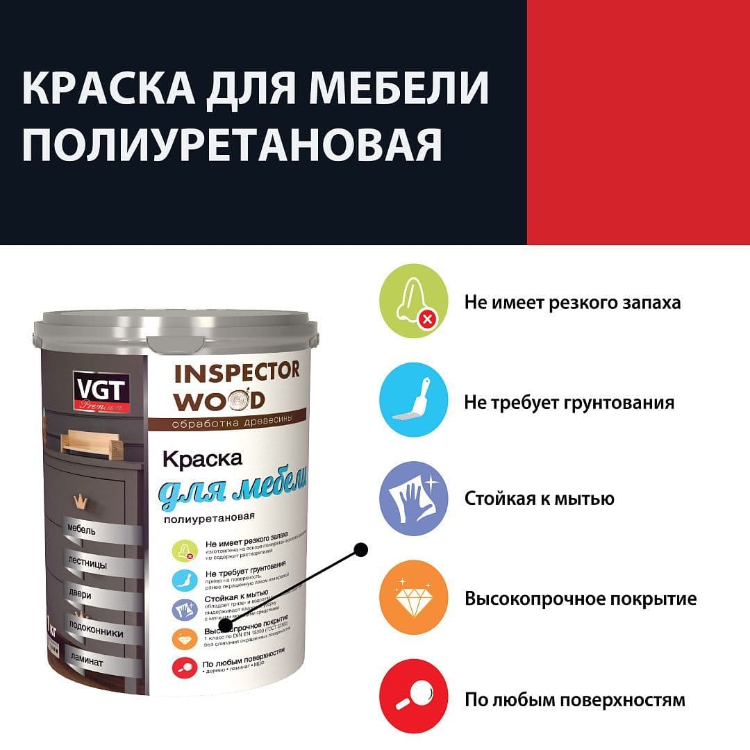 ВГТ / Краска для мебели и декора, кухни дверей дерева обоев, стен и потолков, без запаха, полуматовая, быстросохнущая цвет бесцветный (2,5 кг) 1