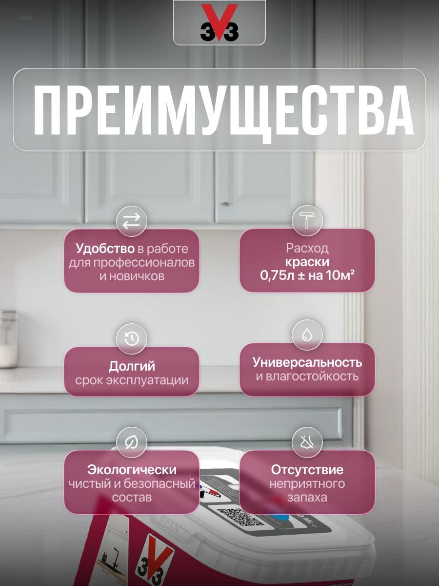 Краска для стен и мебели на кухне V33 RENOVATION PERFECTION ТУМАН 750 мл. 2