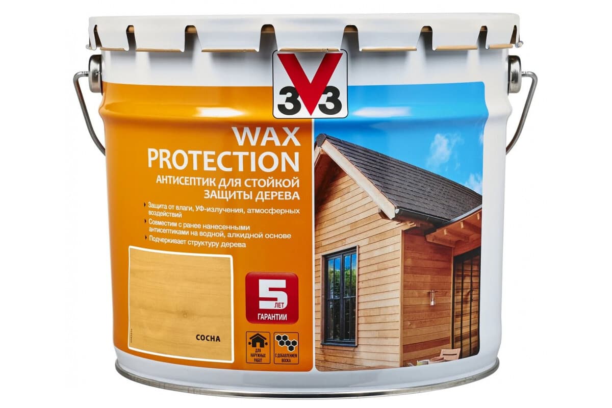 Антисептик для дерева V33 с добавлением воска WAX PROTECTION Сосна 9 л. 1
