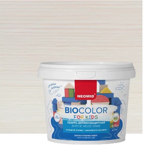 NEOMID Лазурь деревозащитная на водной основе Bio Color For Kids/ Био Колор для детских, белый (0,75 л) 1