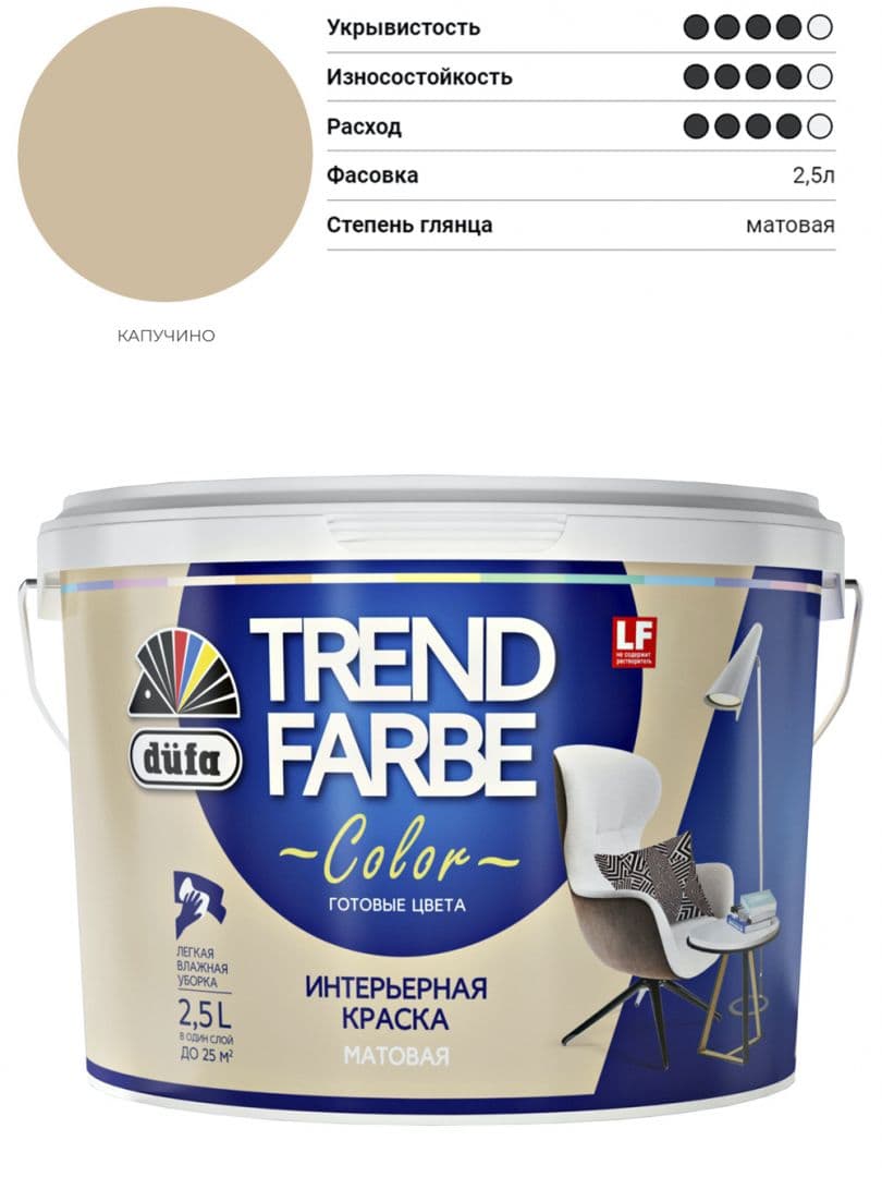 Краска для стен и потолков водно-дисперсионная Dufa Trend Farbe матовая Капучино 2,5 л. 1