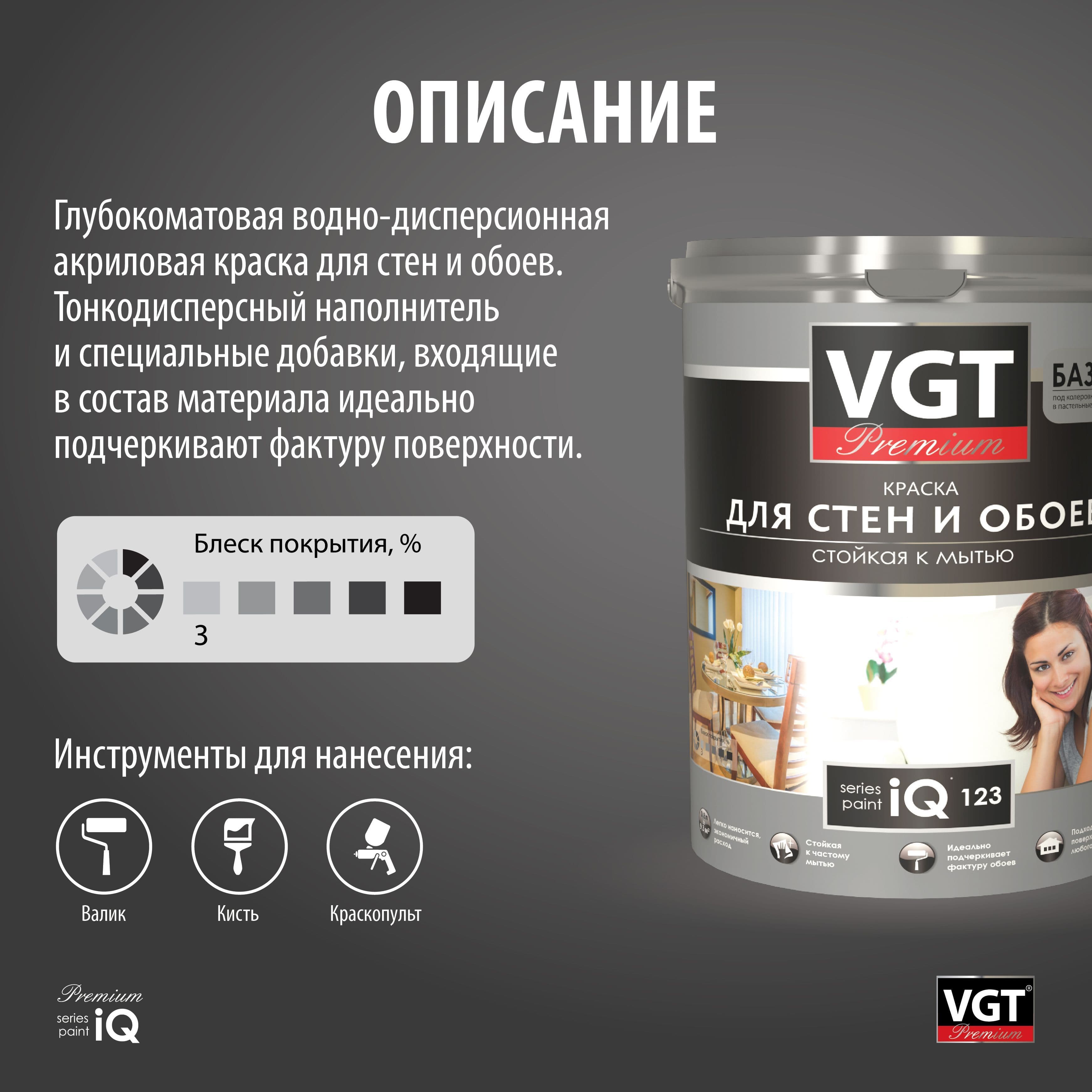 ВГТ Премиум/ Краска VGT PREMIUM для стен и обоев iQ123 база А стойкая к мытью 0,8л 2
