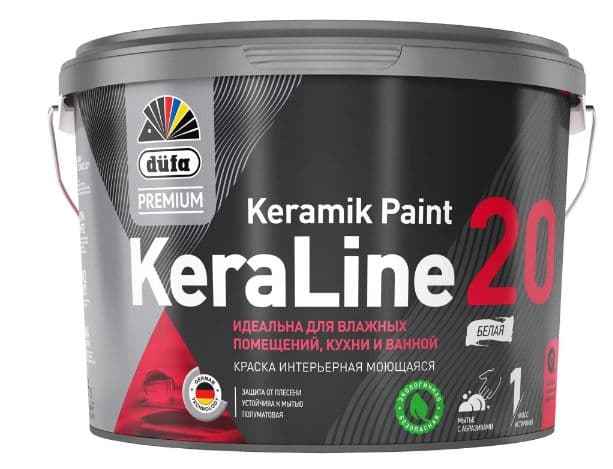 Краска для влажных помещений Dufa Premium KeraLine Keramik Paint 20 полуматовая белая база 1 9 л. 2