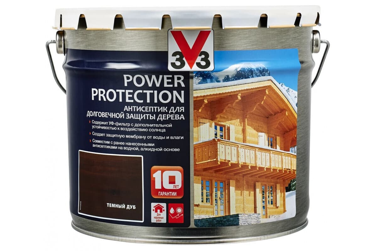 Антисептик V33 для дерева POWER PROTECTION полуглянцевый Темный дуб 9л. 1
