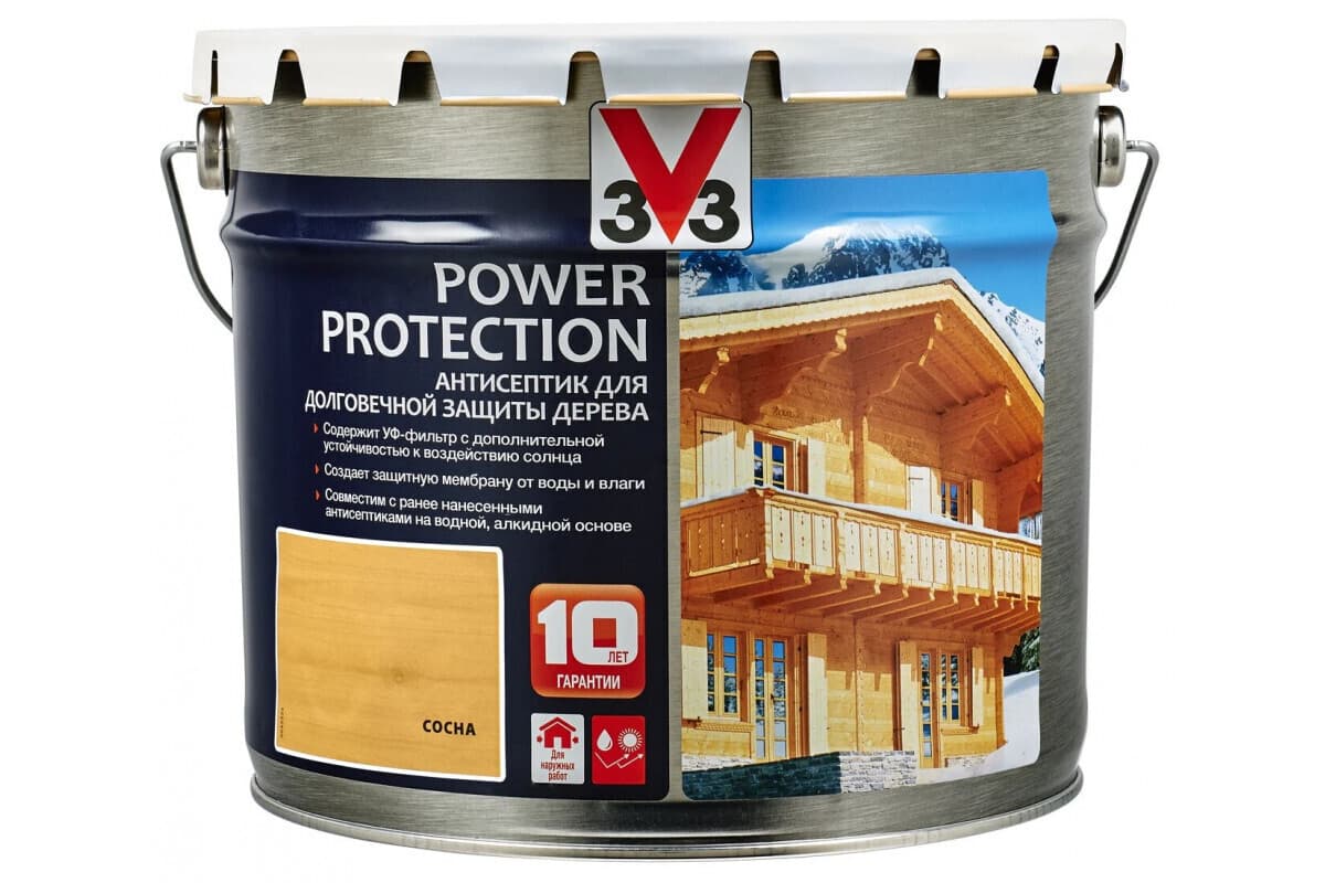 Антисептик V33 для дерева POWER PROTECTION полуглянцевый Сосна 9л. 1