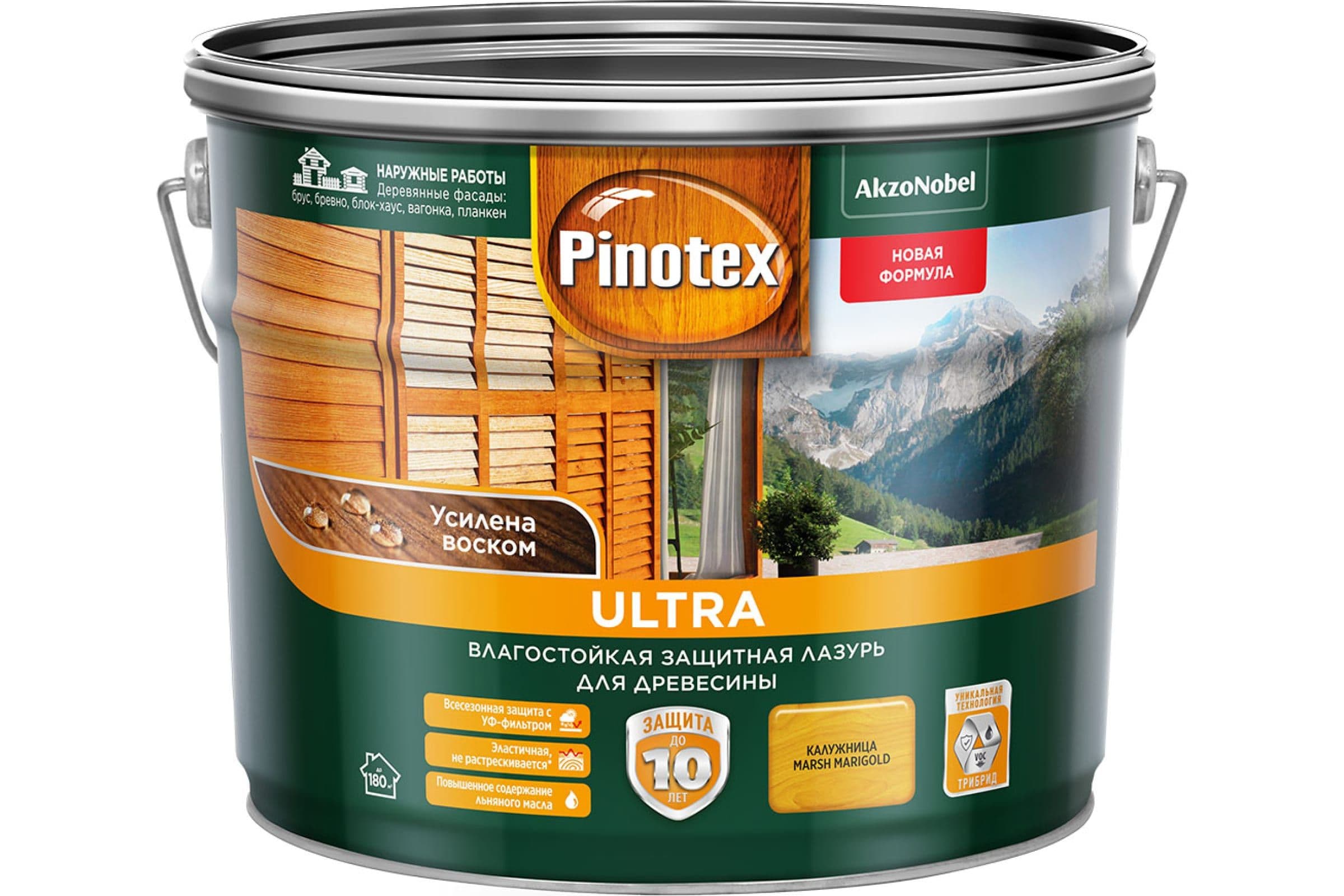 Пропитка декоративная для защиты древесины Pinotex Ultra AWB полуглянцевая калужница 9 л. 2