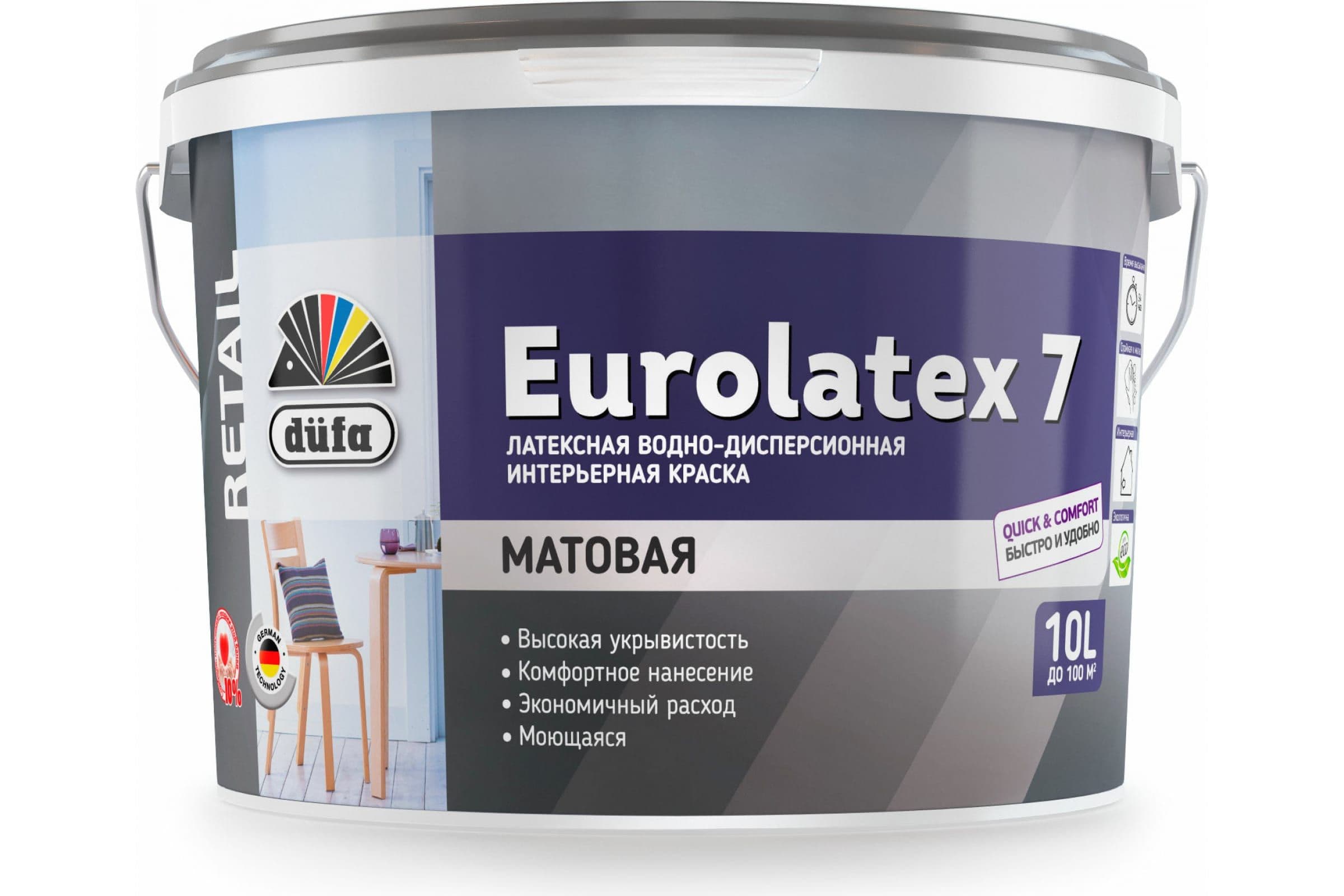 Краска для стен и потолков водно-дисперсионная Dufa Retail Eurolatex 7 матовая 10 л. 1