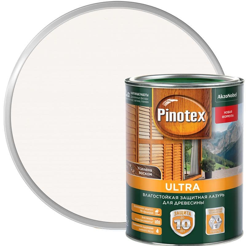 Пропитка декоративная для защиты древесины Pinotex Ultra AWB полуглянцевая белая 1 л. 1