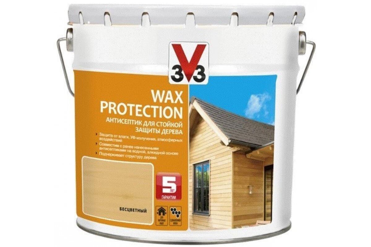 Антисептик для дерева V33 с добавлением воска WAX PROTECTION Бесцветный 9 л. 1