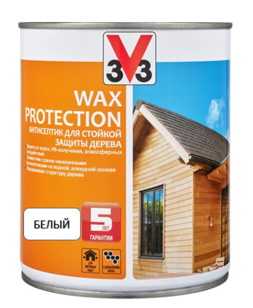 Антисептик для дерева V33 с добавлением воска WAX PROTECTION полуглянец Белый 0,9л 1