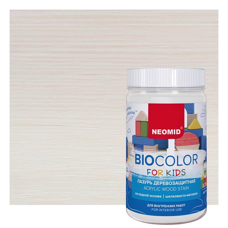 NEOMID Лазурь деревозащитная на водной основе Bio Color For Kids/ Био Колор для детских, белый (0,25 л) 1