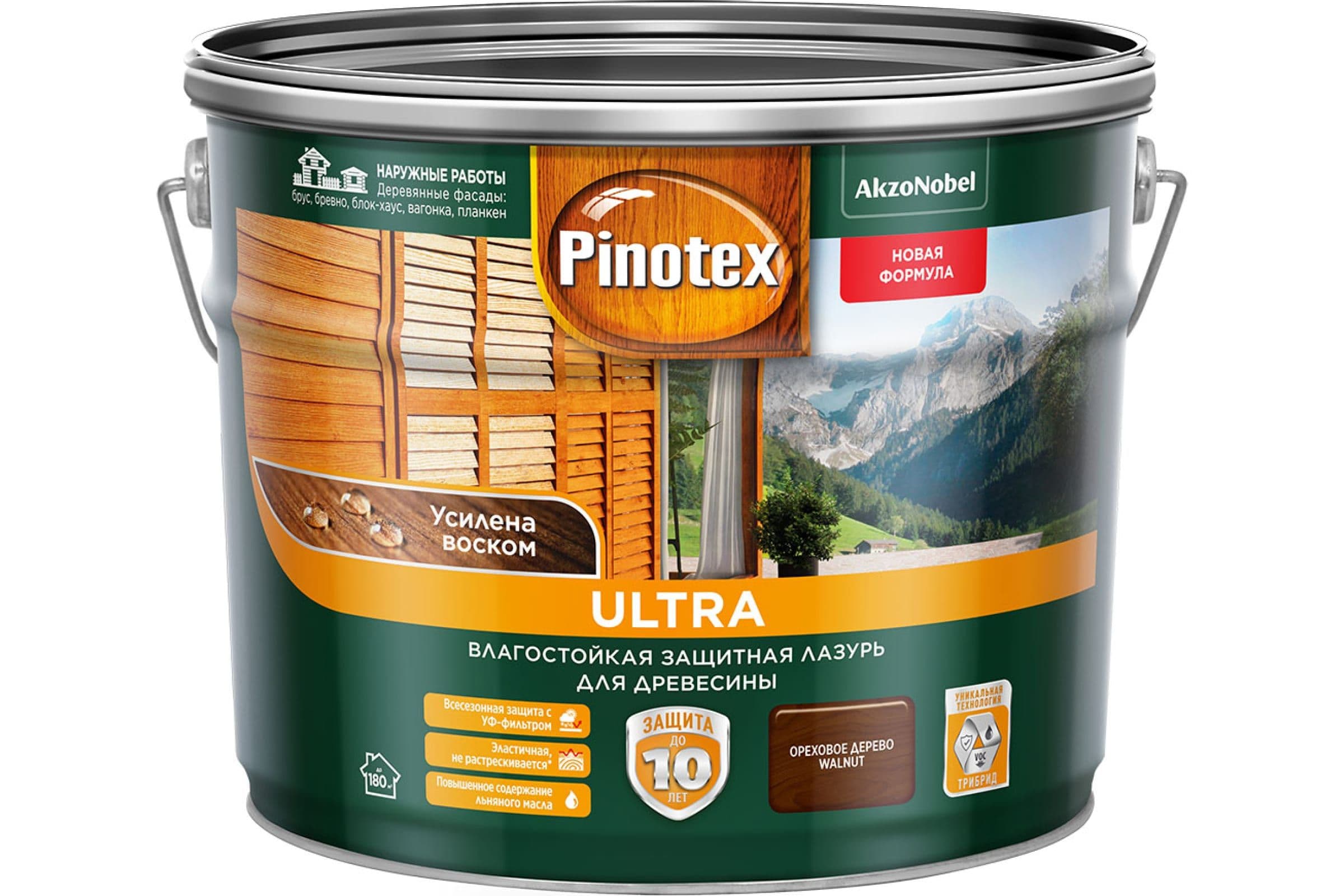 Пропитка декоративная для защиты древесины Pinotex Ultra AWB полуглянцевая орех 9 л. 2