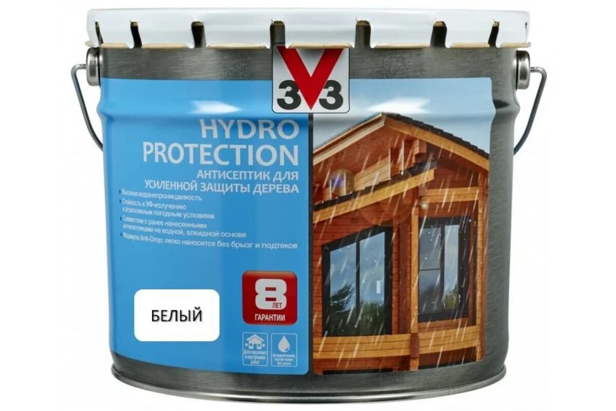 Антисептик V33 для дерева HYDRO PROTECTION полуглянцевый Белый 9л. 1