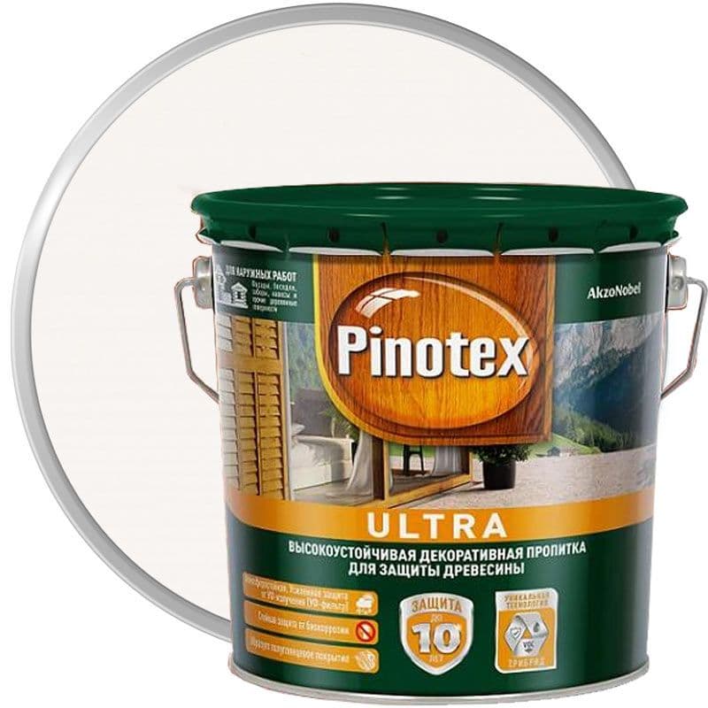 Пропитка декоративная для защиты древесины Pinotex Ultra AWB полуглянцевая белая 2,7 л. 1