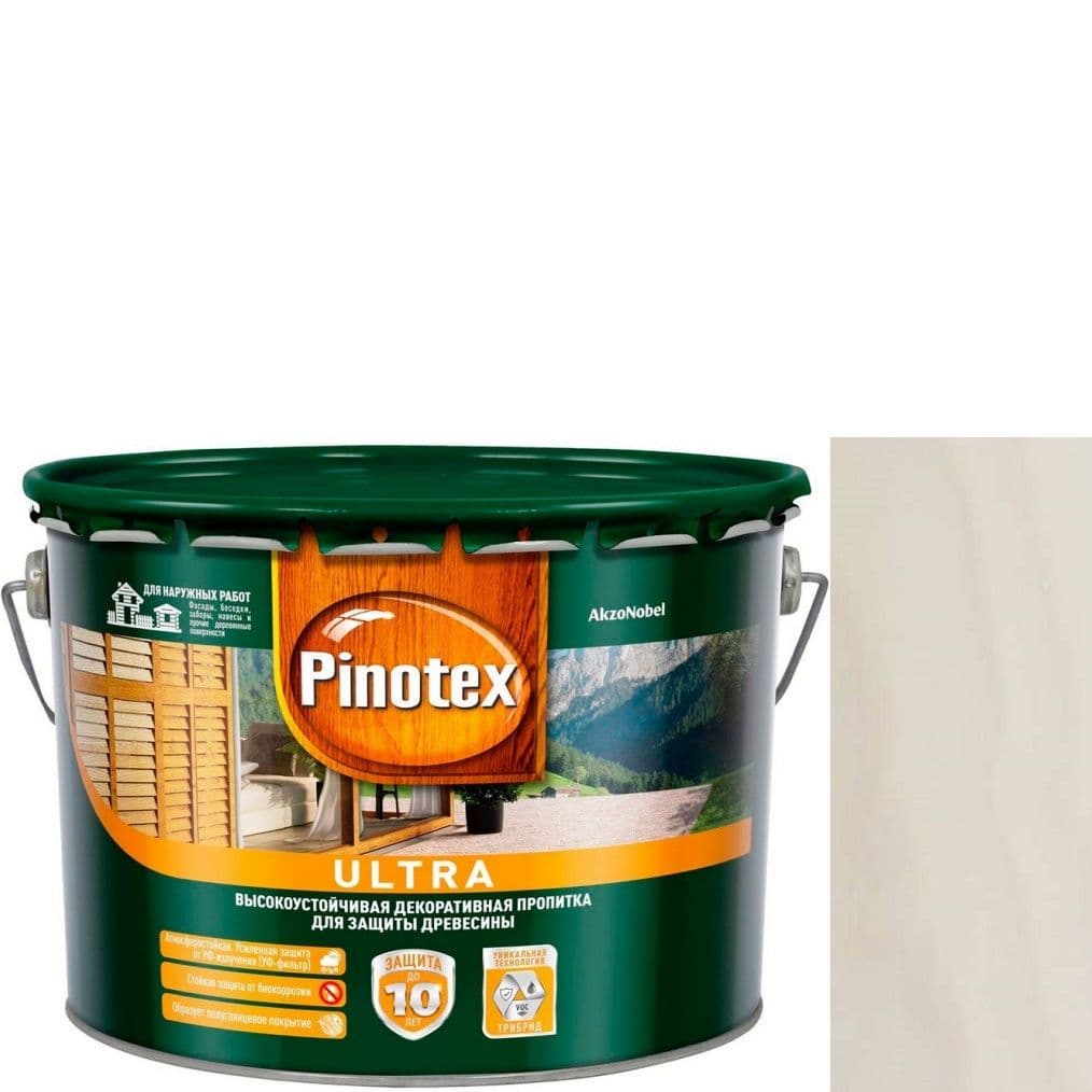 Пропитка декоративная для защиты древесины Pinotex Ultra AWB полуглянцевая белая 9 л. 1