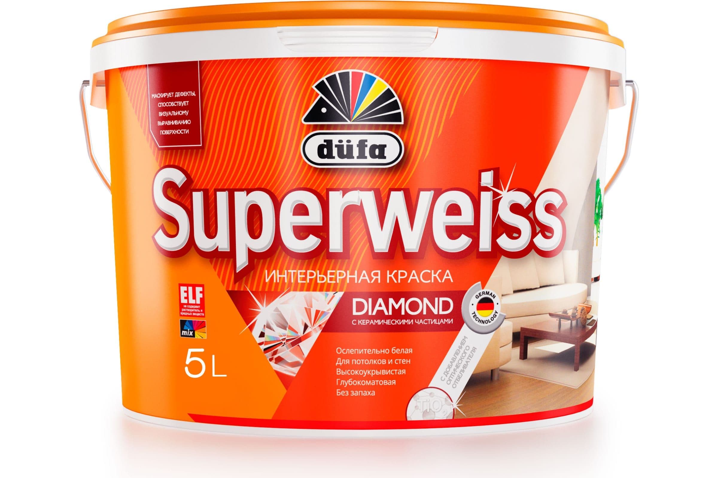 Краска для стен и потолков водно-дисперсионная Dufa Superweiss RD4 глубокоматовая белая 5 л. 1